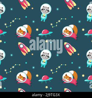 Cute animals in outer space vector seamless pattern. Creative design with funny raccoon and fox in cosmos for fabric, textile, wallpaper, wrapping pap Stock Vector