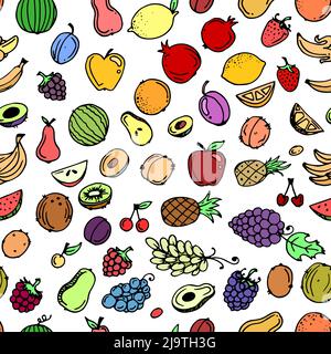 Garden fruits. Edible food plants. Seamless pattern. Hand drawing outline. Isolated on white background. Vector Stock Vector