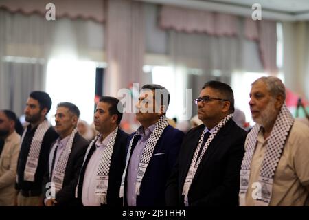 May 22, 2022, Gaziantep, Turkey: Gaziantep, Turkey. 22 May 2022. Palestinian refugees from Syria commemorate the 74th anniversary of the Nakba Day in the southern Turkish city of Gaziantep. During the ceremony Palestinian children performed traditional Palestinian folk songs and dances, with their parents carrying big keys to symbolise their right of return to their ancestral land in historic Palestine. Nakba Day or Day of Catastrophe is observed on 15 May every year to remember the displacement of Palestinians around the time the Israeli state was founded in 1948. The event in Gaziantep was o Stock Photo