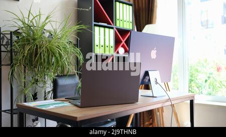 Tbilisi, Georgia - May 24, 2022: Stylish contemporary contemporary office and ipad monitor New iMac Mi Stock Photo