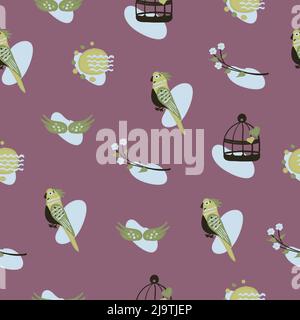 Cute parrot on light burgundy background, seamless pattern Stock Vector