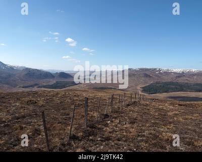 View from Meall an Domhnaich, over the Sherramore forest, down Garva Bridge, the River Spey & Corrieyairack forest & Gairbeinn in the far distance. Stock Photo