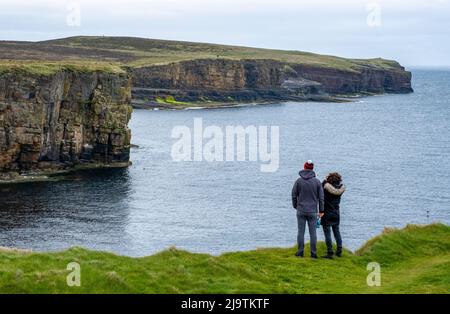 Cliff top viewpoint at Mull Head nature reserve, Deerness, Orkney mainland, Orkney Islands, Scotland. Stock Photo
