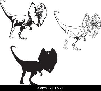 Dilophosaurus, dinosaur realistic image, vector, positions, illustration, black and white, silhouette, logo, trademark, chevron for decoration and des Stock Vector