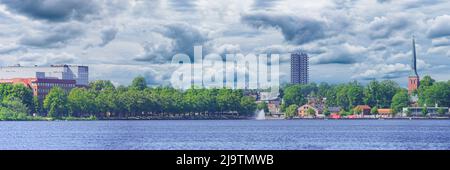 Panoramic view of the Vaxjo city in Sweden with lake and city center Stock Photo
