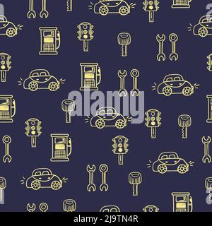 Car theme, seamless pattern, yellow icons on blue background Stock Vector