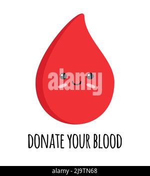 Vector flat hand drawn blood drop with face and donate blood text isolated on white background Stock Vector