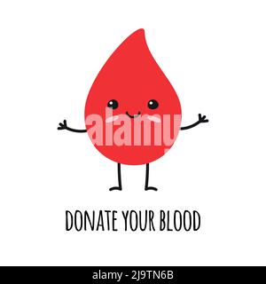 Vector hand drawn flat blood drop with face and donate your blood isolated on white background Stock Vector