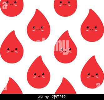 Vector seamless pattern of flat hand drawn blood drop with face isolated on white background Stock Vector