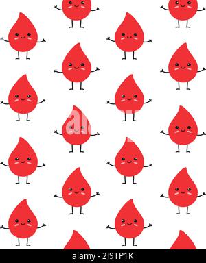 Vector seamless pattern of hand drawn flat blood drop with face and donate your blood isolated on white background Stock Vector