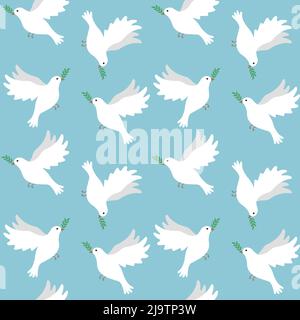 Vector seamless pattern of flat hand drawn doves of peace isolated on blue background Stock Vector