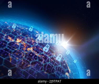 Worldwide digital data security network infrastructure, data breach concept. Some elements of the image furnished by NASA. Stock Photo