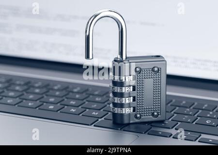 Open padlock on laptop. Unlock security. Computer Vulnerability concept Stock Photo