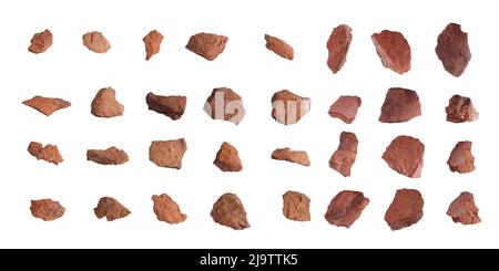 set of red pieces of bricks isolated on white background Stock Photo