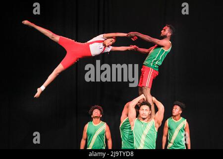 London, UK. 25th May, 2022. The 15-strong Circus Abyssinia troupe arrive in London today at the Underbelly Festival in Earl's Court. Their brand new show, Tulu, inspired by Ethiopian Olympic legend, Deratu Tulu. The show is a blend of breathtaking contortion, acrobatics, fire-juggling and other elements. It premieres in London until 18th June. Credit: Imageplotter/Alamy Live News Stock Photo