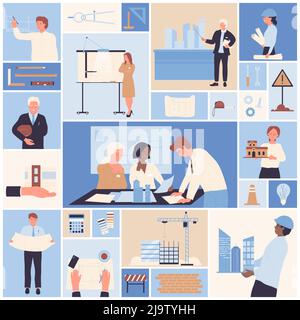 Architects and engineers work on construction projects set vector illustration. Cartoon team of people with blueprint model of houses and tools in square collage background. Architecture concept Stock Vector