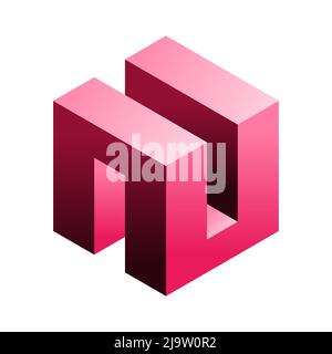 Abstract cubical shape. Architectural design element. Pink 3D box shape. Puzzle building block element. Isometric square object. Corporate logotype. Stock Vector