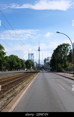 Berlin, Germany, May 23rd 2022, view from Prenzlauer Allee in direction Alexanderplatz with TV tower and Park Inn Hotel Stock Photo