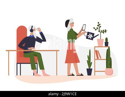 Elderly people using gadgets. Senior couple with modern technologies vector illustration Stock Vector