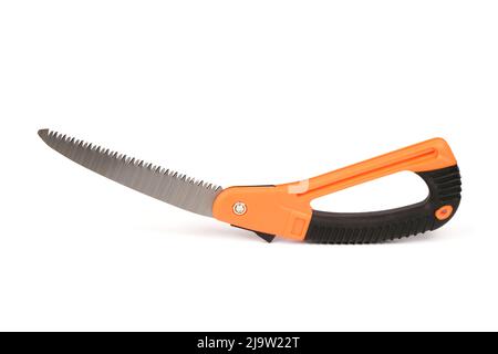 Folding garden saw in the folded state isolated on a white background, pocket saw. High resolution photo. Full depth of field. Stock Photo