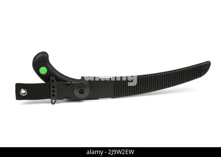 Folding garden saw in the folded state isolated on a white background, pocket saw. High resolution photo. Full depth of field. Stock Photo