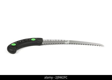 Folding garden saw in the folded state isolated on a white background, pocket saw. High resolution photo. Full depth of field. Stock Photo