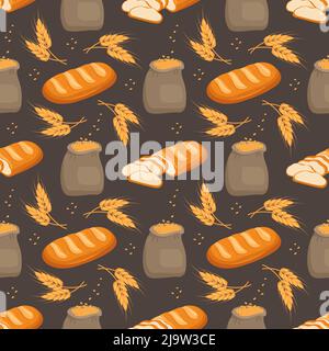 Seamless pattern with bread, grain sack and ears of wheat on dark background. Bright food print for textiles and design. Vector flat illustration Stock Vector