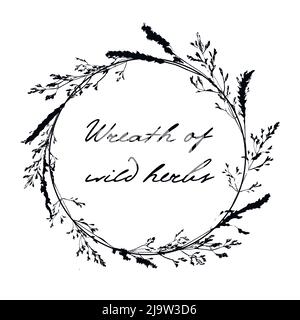 Wreath of wild herbs on white background with place for your text. Card for spring, summer, invitation, wedding designs. Stock Vector