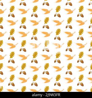 Seamless autumn pattern with acorns, oak leaves and ears of wheat on white background. Bright autumn harvest print for textiles and design. Vector flat illustration Stock Vector