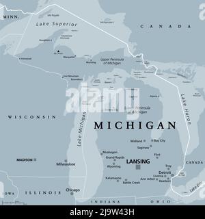 Michigan, MI, gray political map with capital Lansing and metropolitan area Detroit. State in the Great Lakes region of upper Midwestern United States.