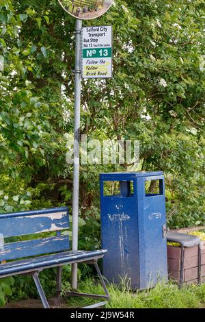 A 13 bus stop on Astley Road, Little Woolden Stock Photo