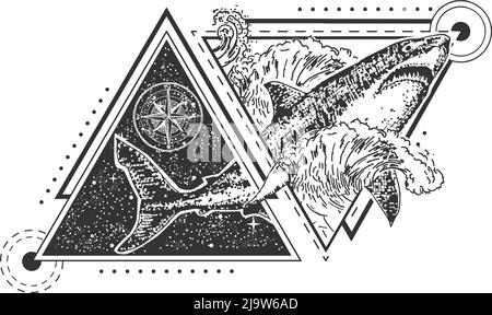 Vector geometric shark tattoo or t-shirt print design Stock Vector