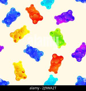 Yummy colorful gummy bears seamless pattern. Bright sweet food texture. Vector realistic illustration. Stock Vector