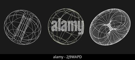 Cyber distorted shapes set, retro punk design elements. Wireframe wave geometry shape on black background. Vector illustration. Stock Vector