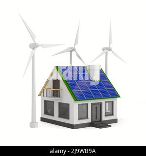 house with solar panel and windmills on white background. Isolated 3D illustration Stock Photo