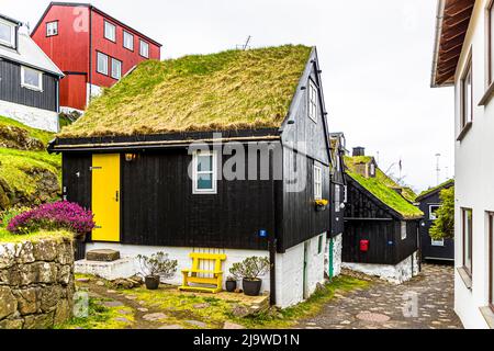 Typical grass roof in Tórshavn, Faroe Islands Stock Photo