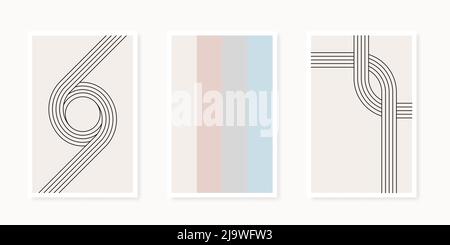 Abstract geometrical shapes poster collection. Line art. Minimalist wall decoration, print or postcard. Nordic style. Beige and black. Vector illustra Stock Vector