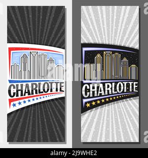 Vector vertical layouts for Charlotte, decorative leaflet with line illustration of charlotte city scape on day and dusk sky background, art design to Stock Vector