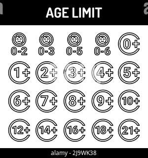 Age limit 0-21 plus line icons set. Isolated vector element. Outline pictograms for web page, mobile app, promo. Editable stroke. Stock Vector