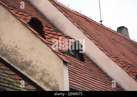 A roof made of flat tiles covers the building. Two small half-moon attic windows are placed on the roof. Stock Photo