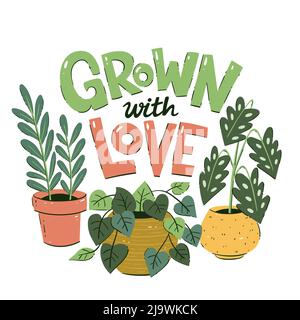 Three plants and lettering "Grown with Love" background. House plants and pots. Hand-drawn vector illustration. Stock Vector