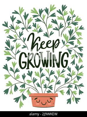 Huge plant in cartoon style with 'Keep Growing' lettering inside. Smiley pot. Hand-drawn vector illustration. Stock Vector