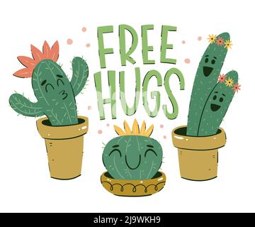 Three cactus in cartoon style with "free hugs" lettering. House plants in pots. Funny illustration. Hand-drawn vector illustration. Stock Vector