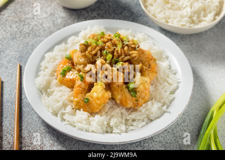 Homemade Fried Honey Walnut Shrimp with Rice Stock Photo