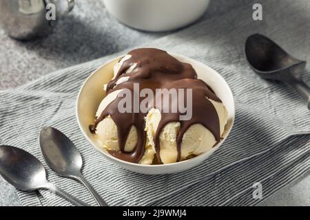 Sweet Hard Chocolate Shell Ice Cream Sundae in a Bowl Stock Photo