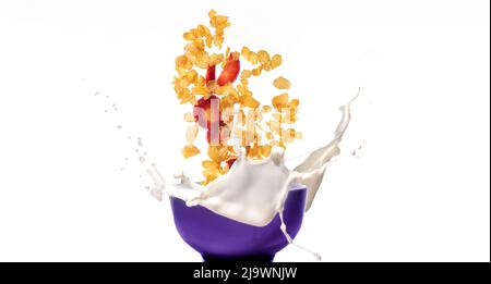 Corn flakes and strawberry slices falling into splashing milk Stock Photo