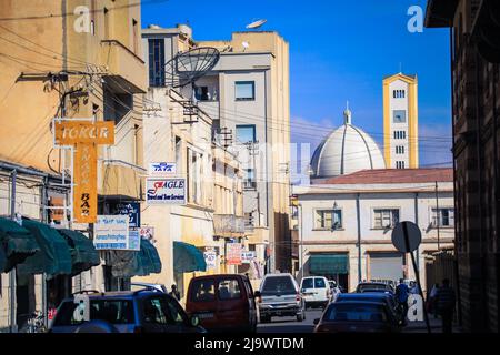 Central street of Asmara with Cars and Peoples Stock Photo