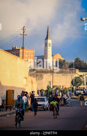 Central street of Asmara with Cars and Peoples Stock Photo