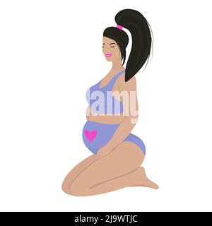 Cute pregnant brunette in swimsuit, illustration Stock Vector