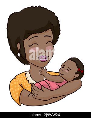 Smiling brunette mom, with afro hair and blushed gesture, carrying her newborn baby girl in arms. Stock Vector